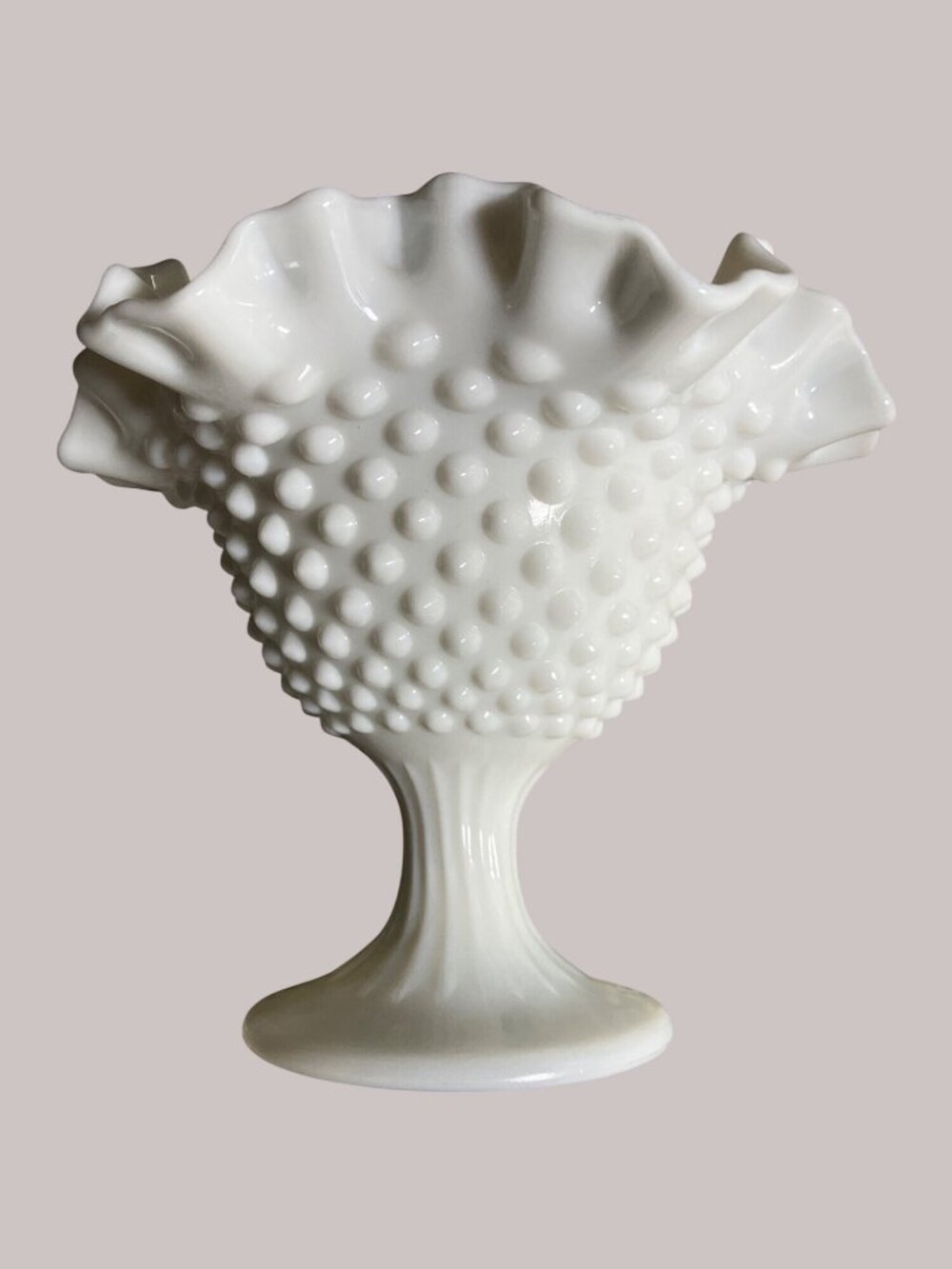White Milk Glass Hobnail Ruffled Crimped Edge Compote Vase Dish - Picture 4 of 11